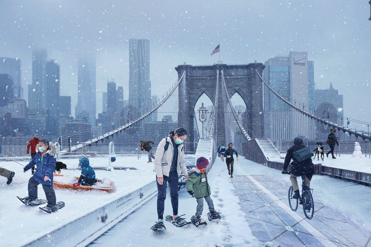 An image of people enjoying snow sports on the Brooklyn Bridge
