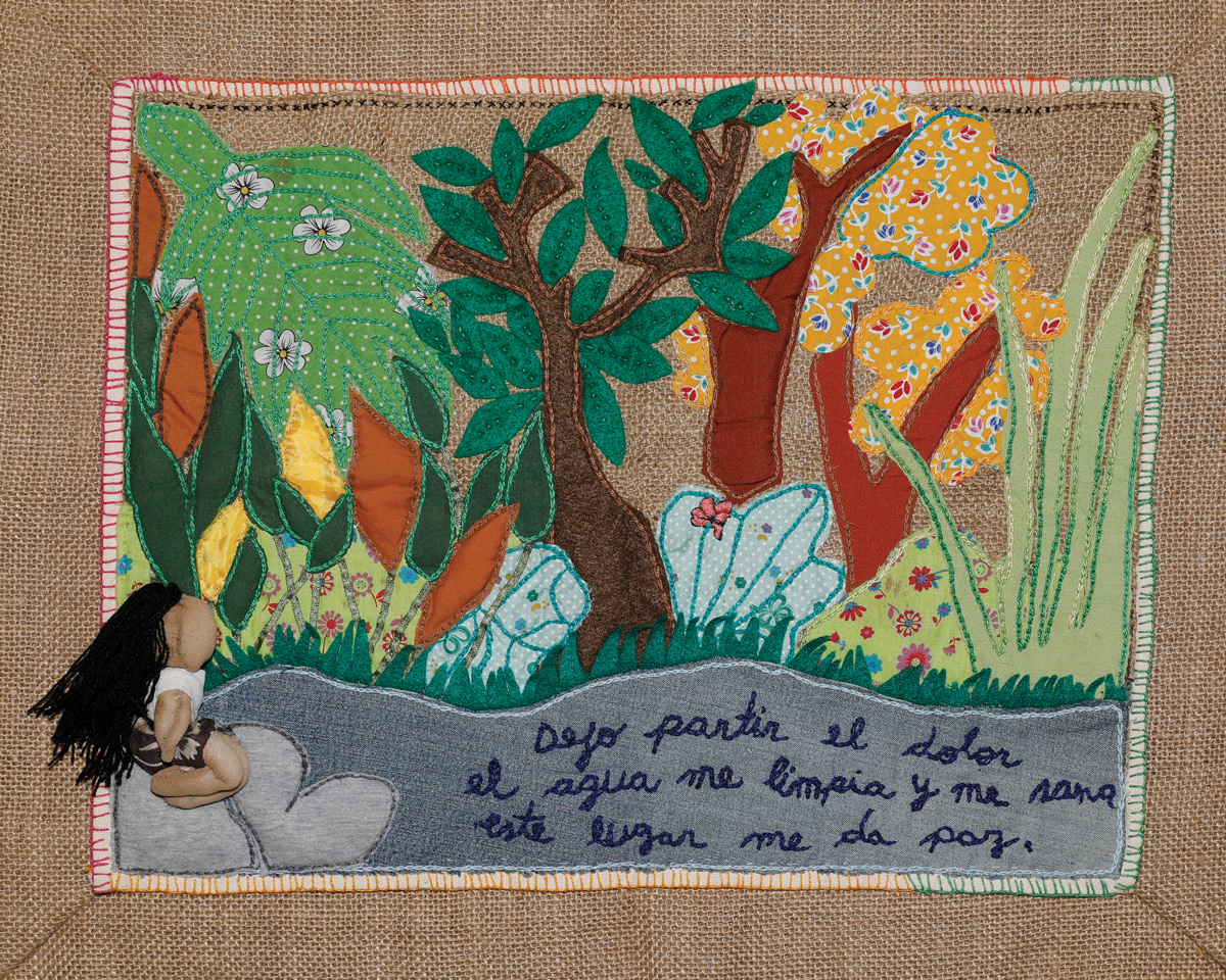 Fabric textile of a woman meditating in nature