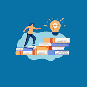 Graphic shows man climbing books toward an "idea" lightbulb 