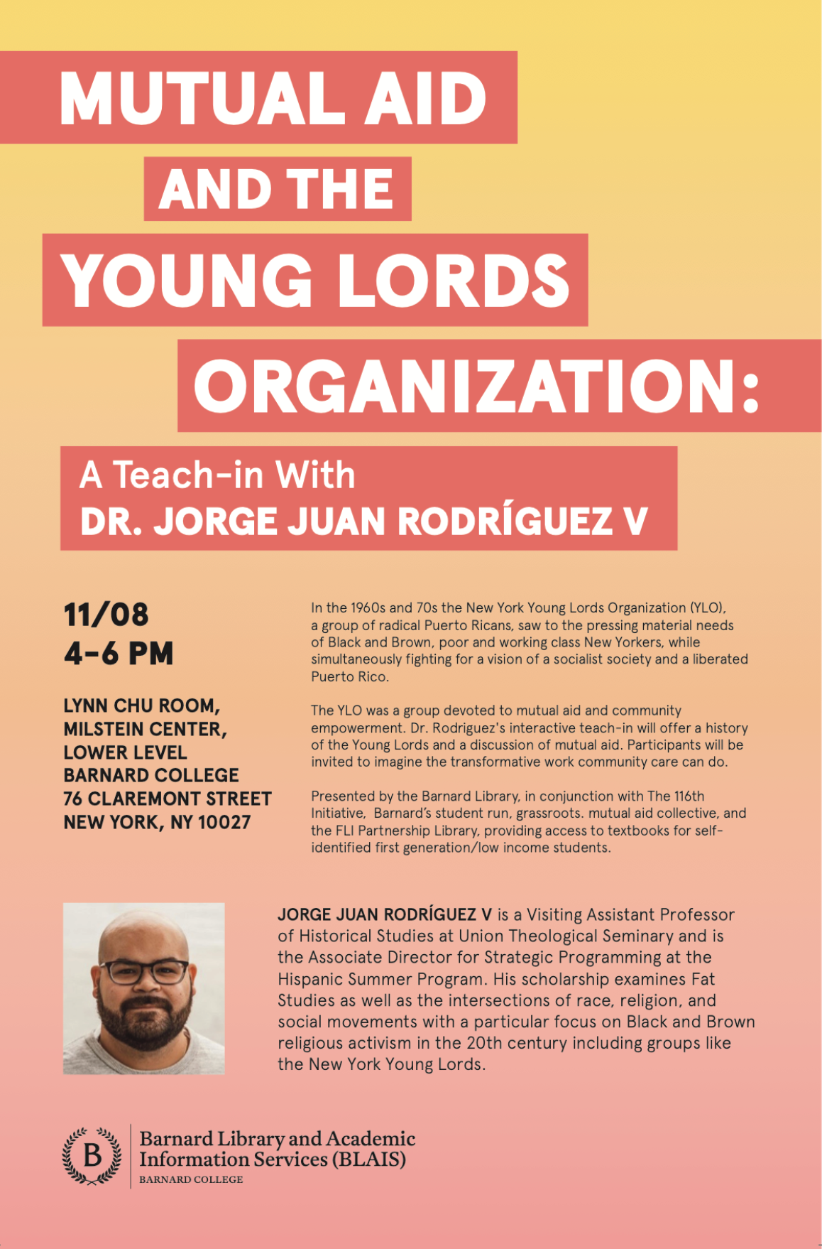 This is a poster for the Mutual Aid and The Young Lords Organization event.
