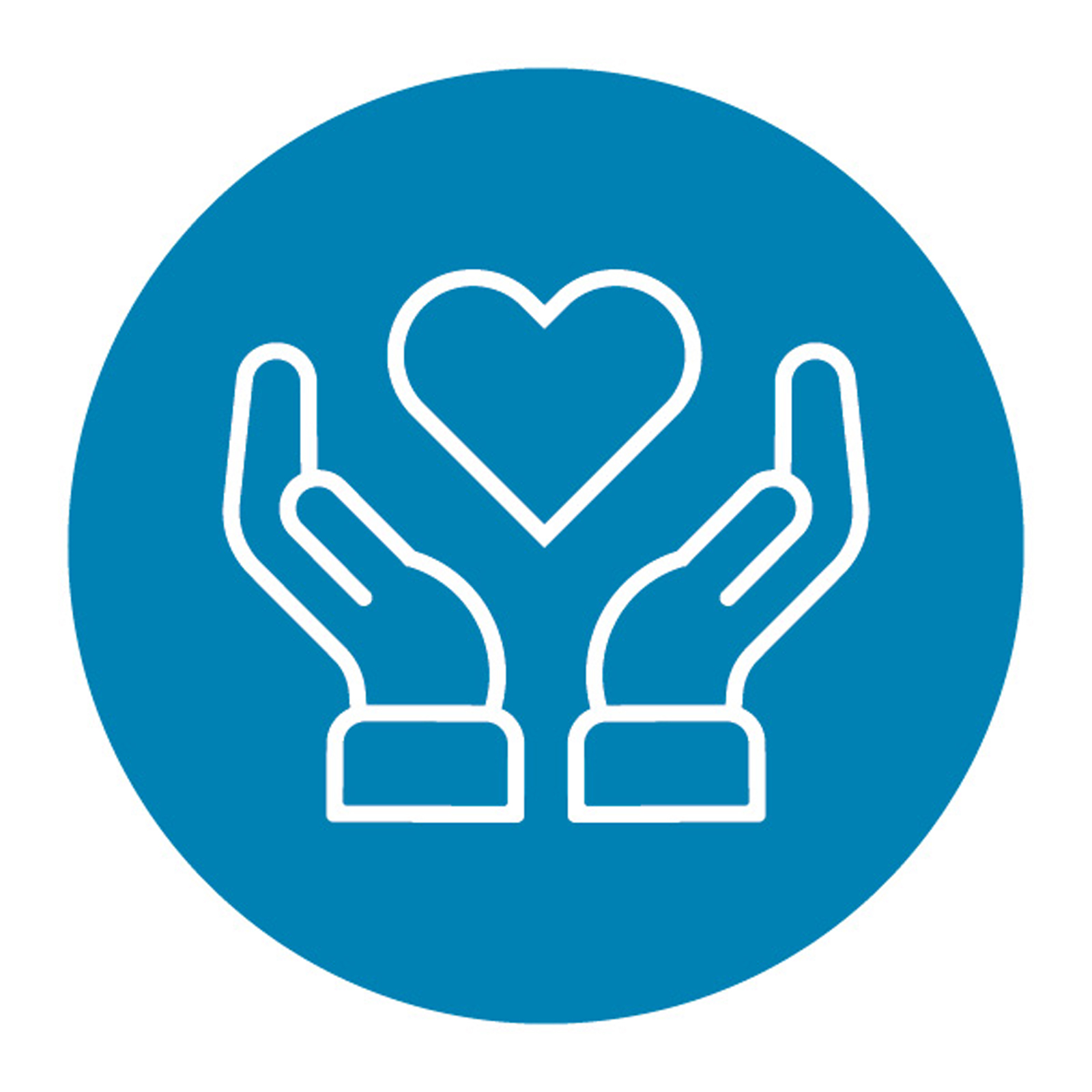 A blue circular sticker with two hands holding a heart shape
