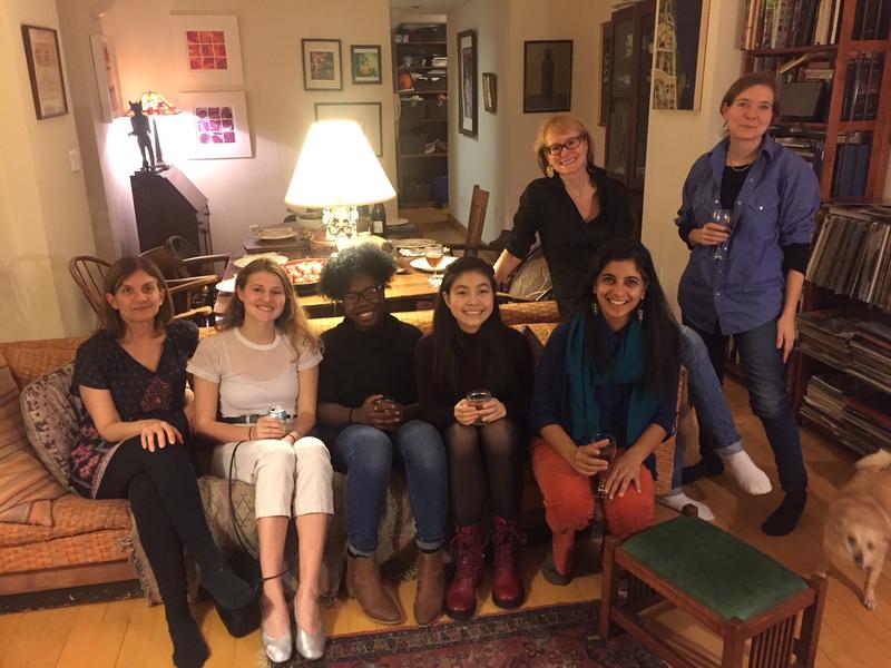 Gina Gionfriddo (left front, playwright and former Centennial Scholar) and Shayoni Mitra (right front, Barnard Theater professor) join Scholars and program directors for dinner.