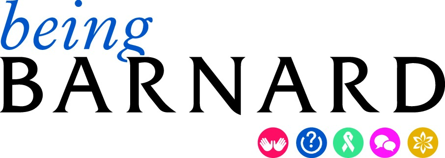 Being Barnard logo in blue and black text with a red circle showing two hands palms out, a blue circle with a question mark, a teal circle with an awareness ribbon, a magenta circle with two speech bubbles, and a yellow circle with a stylized flower below it.