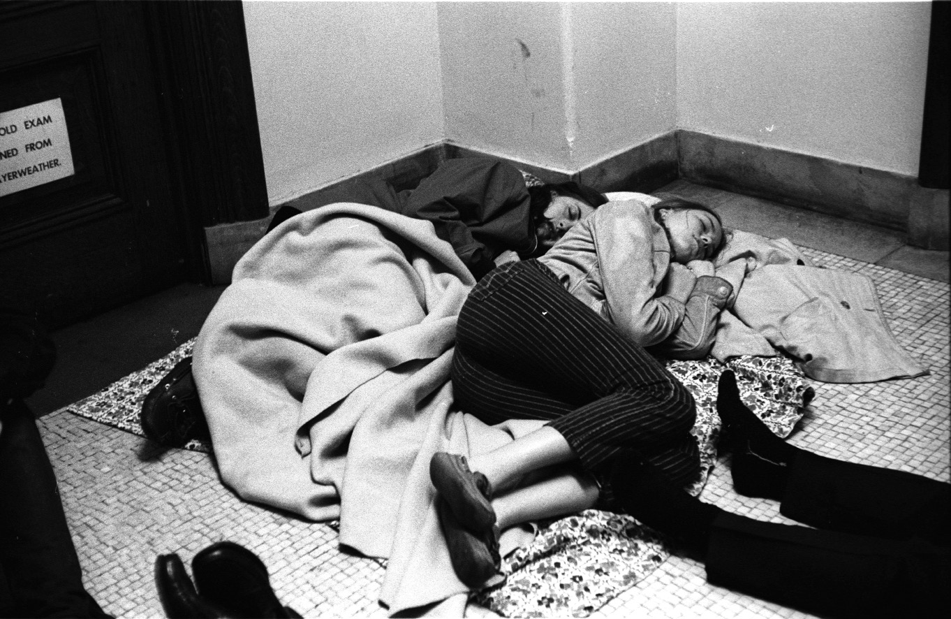 1968: Women occupiers sleeping on floor of Fayerweather. Photo courtesy of Gerald S. Adler