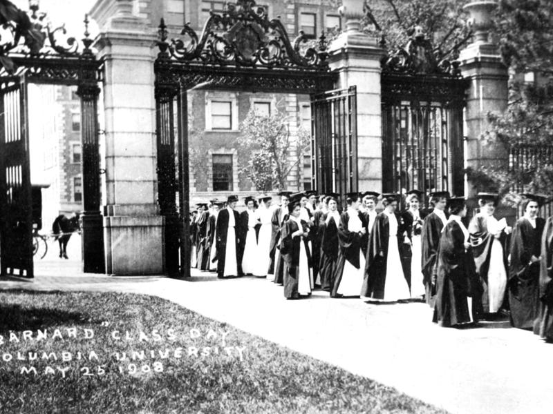 A picture of graduating woman proceeding through Barnard's campus on class day in May 1908. Photo Courtesy the Barnard College Archives.