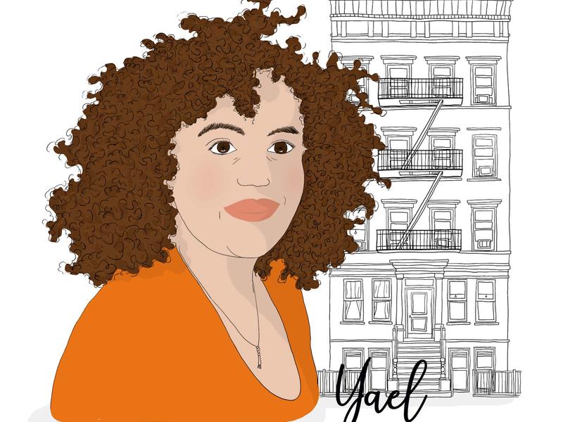 illustrated portrait of a white woman with curly brown hair